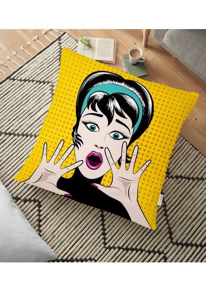Pop Art Resimli Dijital Baskılı Dekoratif Yer Minderi - 70 x 70 cm