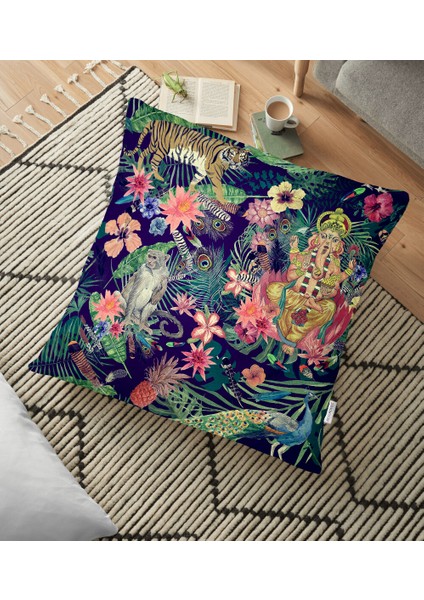 Lacivert Zeminli Amazon Ormanları Temalı Modern Yer Minderi - 70 x 70 cm
