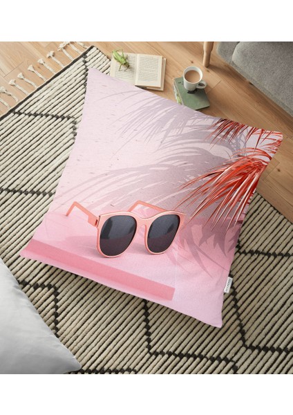Pembe Zeminli Yaz Temalı Dekoratif Yer Minderi - 70 x 70 cm