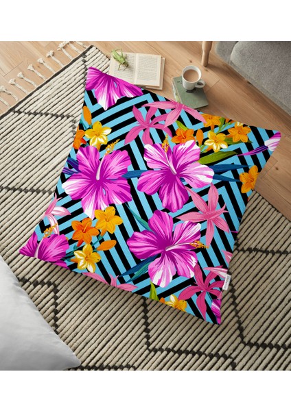 Geometrik Zeminli Mor Zambaklar Dekoratif Yer Minderi - 70 x 70 cm