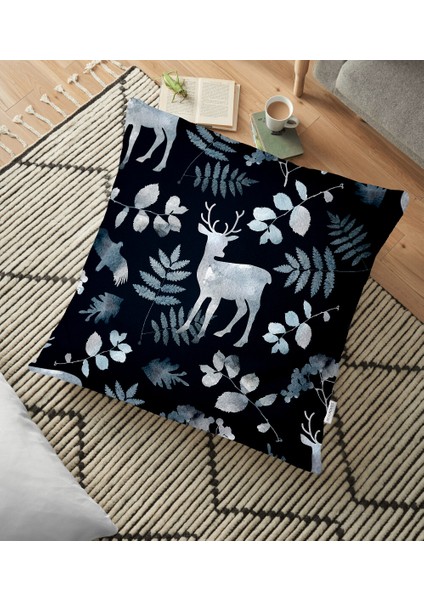 Lacivert Zeminde Geyik ve Yaprak Motifleri Dijital Baskılı Yer Minderi - 70 x 70 cm