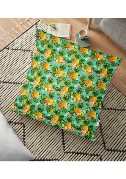 Yeşil Zeminde Tropikal Yapraklar Tasarımlı Dekoratif Yer Minderi - 70 x 70 cm
