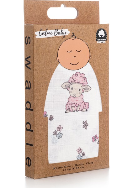 Müslin Bezi Örtü Kuzu Desen - Pembe + 2 Adet Ağız Mendili