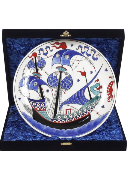 Otantik Çini Kadife Kaplama Çanta Hediyelik Kalyon Desen Çini Tabak