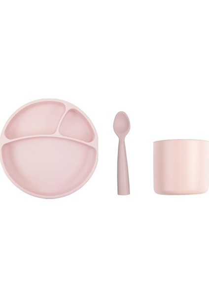 Silikon Yemek Seti Pembe - Tabak + Kaşık + Bardak
