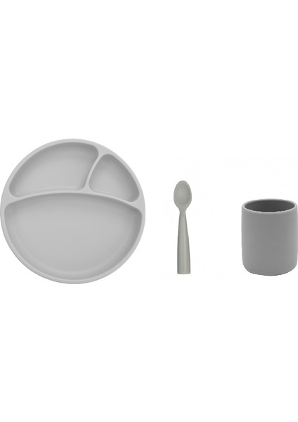 Silikon Yemek Seti Gri - Tabak + Kaşık + Bardak