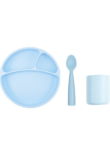 Silikon Yemek Seti Mavi - Tabak + Kaşık + Bardak