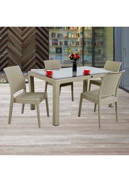 Elit Rattan 90x150 4 kişilik Elit Sandalye Camlı Masa Takımı