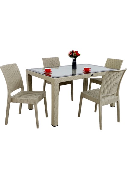 Elit Rattan 90x150 4 kişilik Elit Sandalye Camlı Masa Takımı