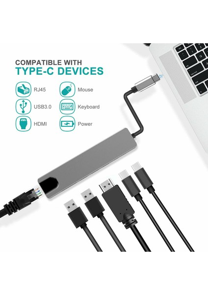 6in1 Smart Hub RJ45 Type-C To Pd 2xUSB Adaptör Çoklayıcı
