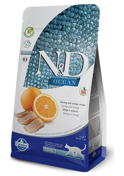 Ocean Tahılsız Ringa Balığı ve Portakallı Yetişkin Kedi Maması 1,5 Kg