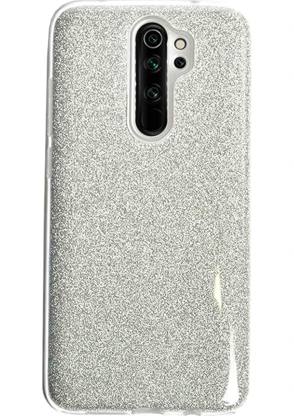 Case 4U Xiaomi Redmi Note 8 Pro Kılıf Çift Katmanlı Simli Shining Sert Silikon Arka Kapak Gümüş