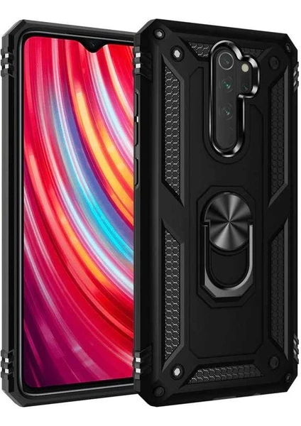 Case 4U Xiaomi Redmi Note 8 Pro Kılıf Çift Katmanlı Yüzüklü Manyetik Vega Kapak Siyah