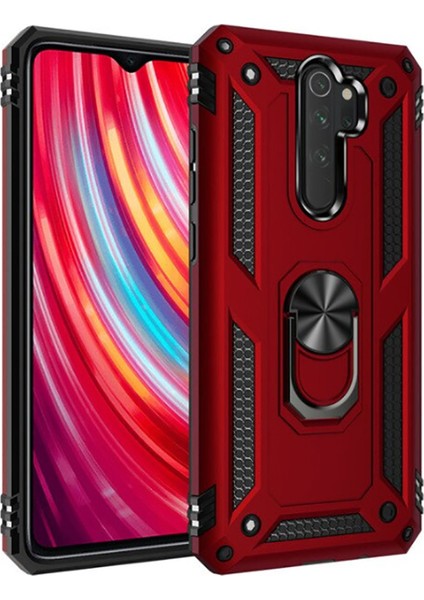 Case 4U Xiaomi Redmi Note 8 Pro Kılıf Çift Katmanlı Yüzüklü Manyetik Vega Kapak Kırmızı