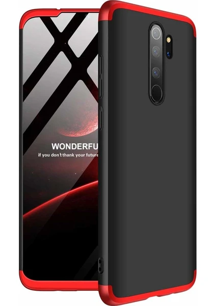 Case 4U Xiaomi Redmi Note 8 Pro Kılıf 3 Parçalı Tam Koruma Sert Mika Ays Kapak Siyah Kırmızı