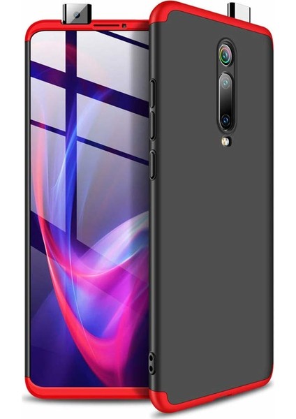 Xiaomi Mi 9T Kılıf 3 Parçalı Tam Koruma Sert Mika Ays Kapak Siyah Kırmızı