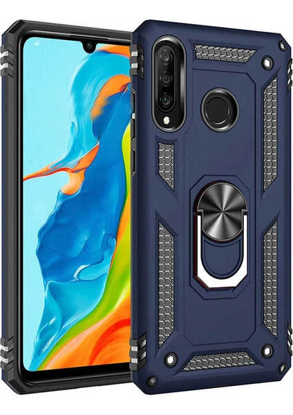 Case 4U Samsung Galaxy A20S Kılıf Çift Katmanlı Yüzüklü Manyetik Vega Kapak Lacivert