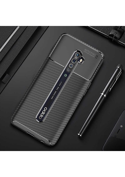 Oppo Reno 2 Kılıf Rugged Armor Karbon Desenli Lüx Negro Silikon Arka Kapak Lacivert