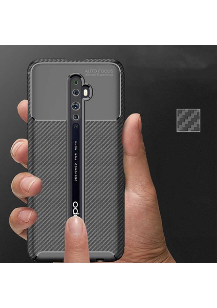 Oppo Reno 2 Kılıf Rugged Armor Karbon Desenli Lüx Negro Silikon Arka Kapak Lacivert