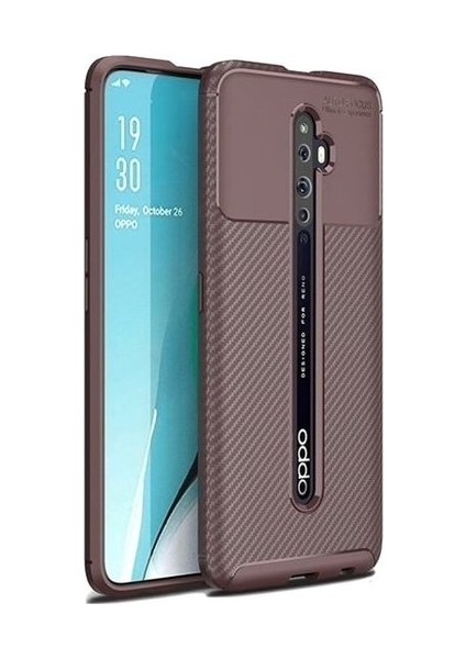 Oppo Reno 2 Kılıf Rugged Armor Karbon Desenli Lüx Negro Silikon Arka Kapak Kahverengi