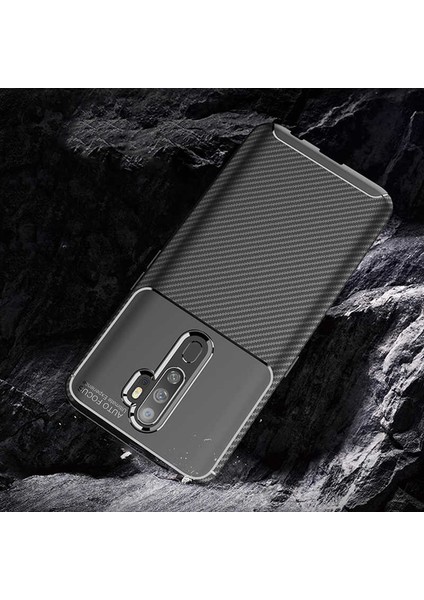 Oppo A5 / A9 2020 Kılıf Rugged Armor Karbon Desenli Lüx Negro Silikon Arka Kapak Kahverengi