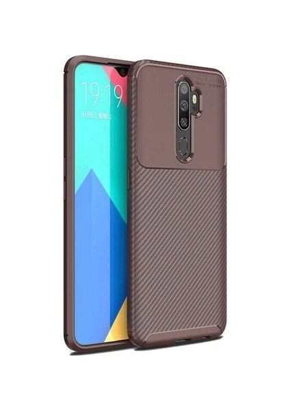 Case 4U Oppo A5 / A9 2020 Kılıf Rugged Armor Karbon Desenli Lüx Negro Silikon Arka Kapak Kahverengi