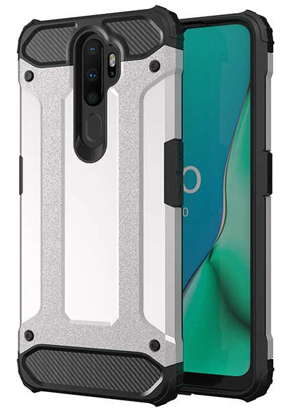 Case 4U Oppo A5-A9 2020 Kılıf Military Armor Çift Katmanlı Crash Silikon Kılıf Gümüş