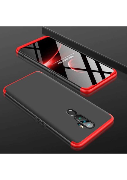 Case 4U Oppo A5 A9 2020 Kılıf 3 Parçalı Tam Koruma Sert Mika Ays Kapak Siyah Kırmızı