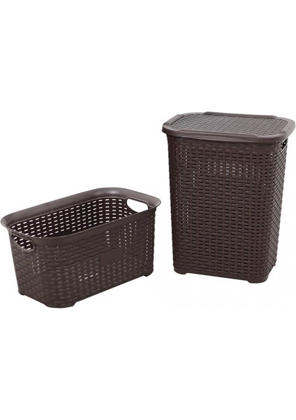 Plastik Rattan Hasır Görünümlü Kirli Çamaşır Sepeti- Çamaşır sepeti 2'li Set