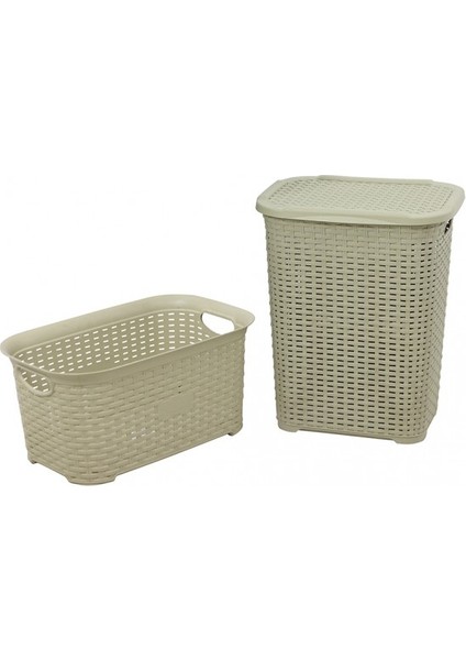 Plastik Rattan Hasır Görünümlü Kirli Çamaşır Sepeti- Çamaşır sepeti 2'li Set