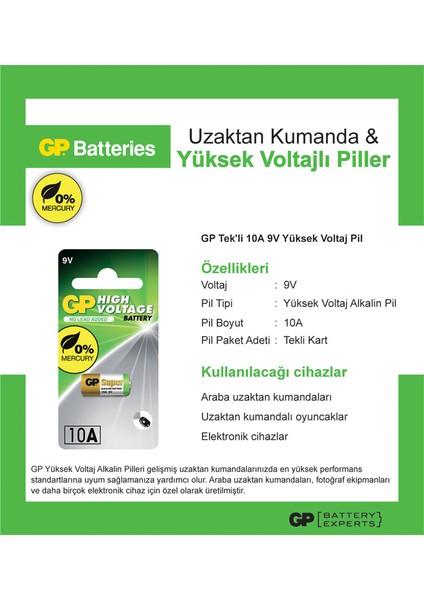 Tek'li 10A 9V Yüksek Voltaj Spesifik Pil (GP10AF-2C1)