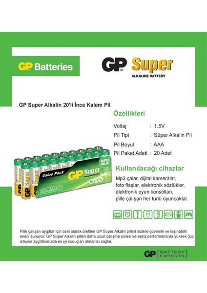 Süper Alkalin AAA/LR03 Boy Ince Pil 20'li Paket