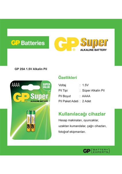 2'li Super Alkalin 25A İncenin İncesi Pil  LR61-AAAA (GP25A-U2)