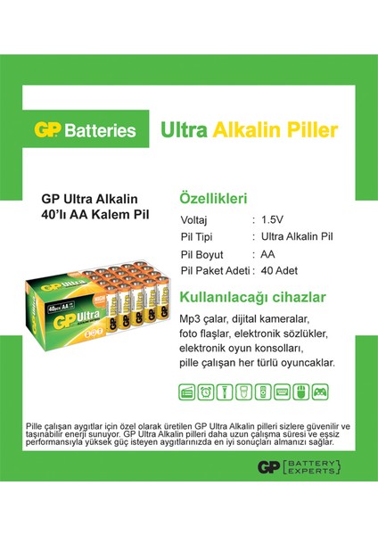 Ultra Alkalin 40'lı AA Boy Kalem Pil (GP15AU-2B40)