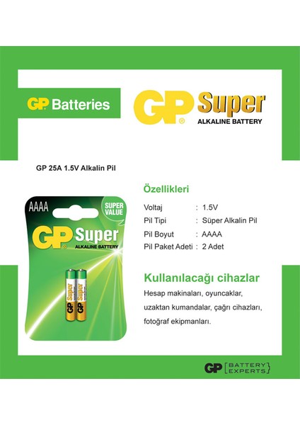 2'li 25A Alkalin AAAA İncenin İncesi Pil (GP25A-U2)