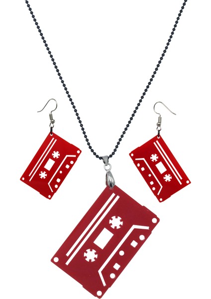 Kaset Küpe ve Kolye Takımı Kırmızı