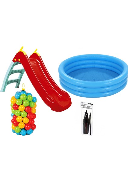 Kaydıraklı Oyun Seti (Mavi Havuz / 6 cm 100'lü Oyun Havuz Topu / Pompa / Kaydırak)