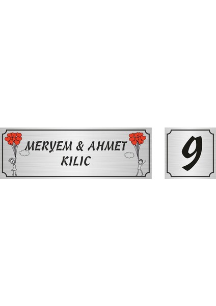 Sevgili Model Kapı İsimlik 5 x 15 cm + No 5 x 5 cm Gümüş
