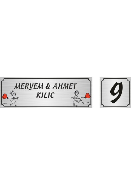 Sevgili Model Kapı İsimlik 5 x 15 cm + No 5 x 5 cm Gümüş