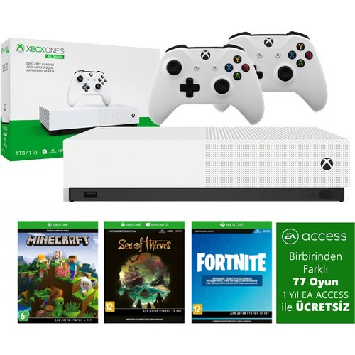 Microsoft Xbox One S 1 TB All-Digital Edition 4K Ultra HD Oyun Konsolu + 3 Ön Yüklü Oyun + 2 Kol + 1 Yıllık EA Access