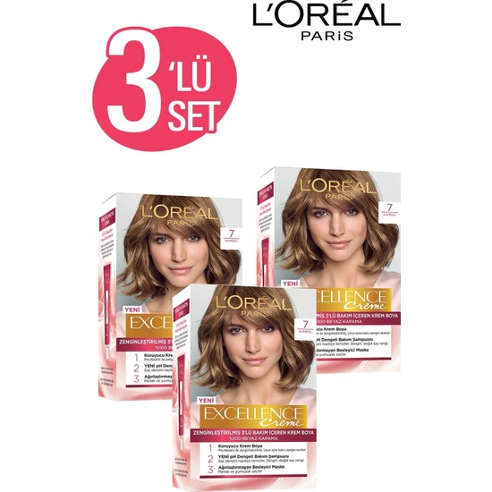 hepsiburada L'Oréal Paris Excellence Creme Saç Boyası 7 Kumral 3'lü Set hepsiburada L'Oréal Paris Excellence Creme Saç Boyası 7 Kumral 3'lü Set