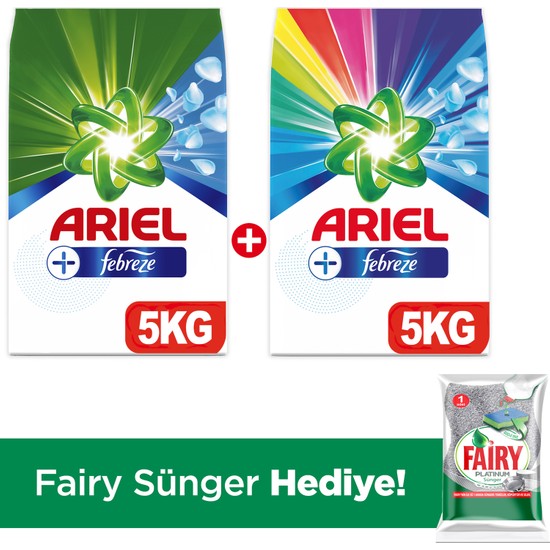 Ariel Plus Toz Çamaşır Deterjanı Febreze Etkili Beyazlar 5 kg + Parlak Renkler 5 kg + (Fairy Sünger)