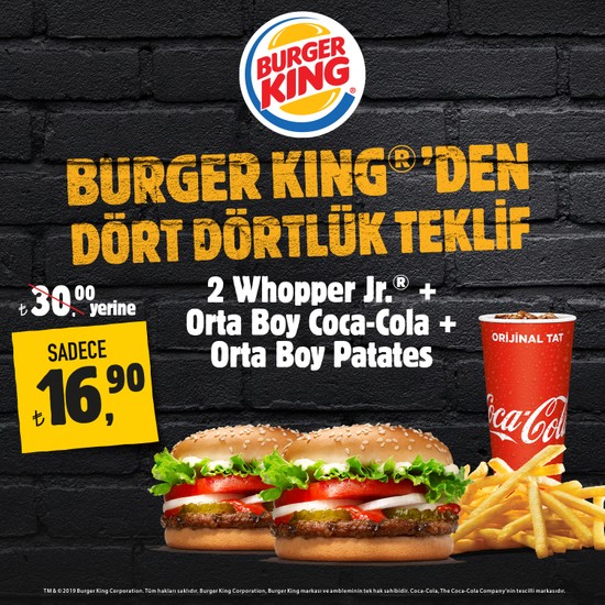Burger King Dört Dörtlük Menü - 2 Whopper Jr. + Orta Boy Coca-Cola + Orta Boy Patates