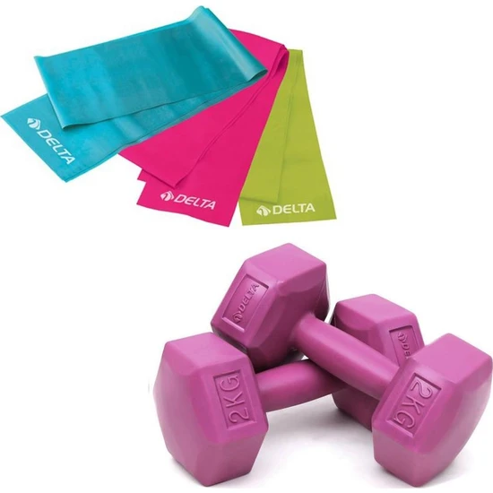 Delta 2 Kg x 2 Adet Plastik Dambıl 3'lü Pilates Bandı Fuşya