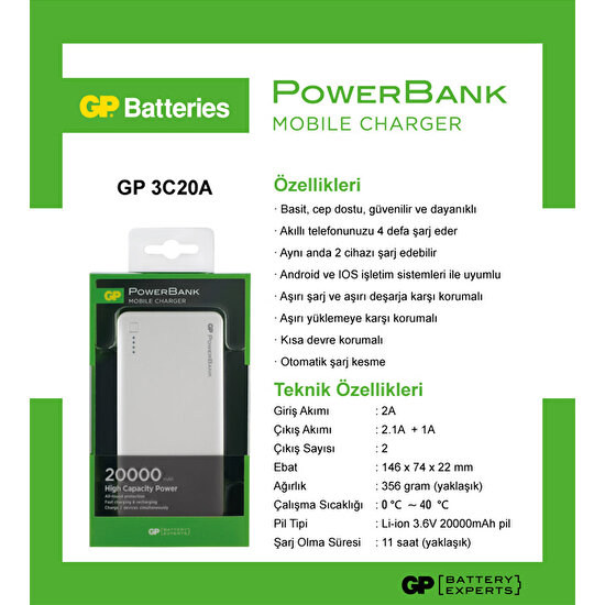 GP 3C20A 20000 mAh Portable Powerbank(GP3C20AWE-2B1)
