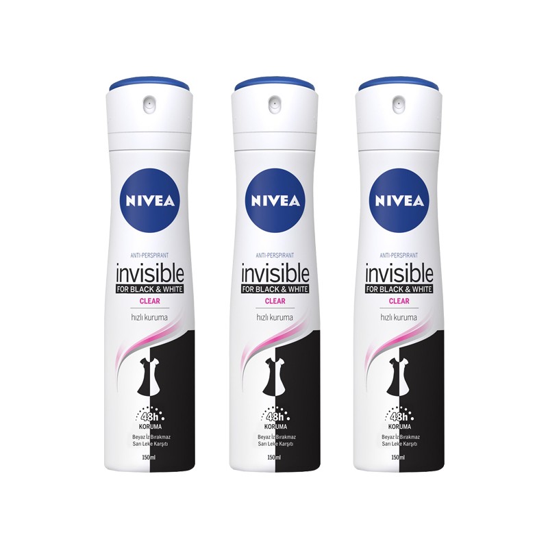 Nivea Invisible Black & White Clear Sprey Deodorant 150 ml x 3 Adet