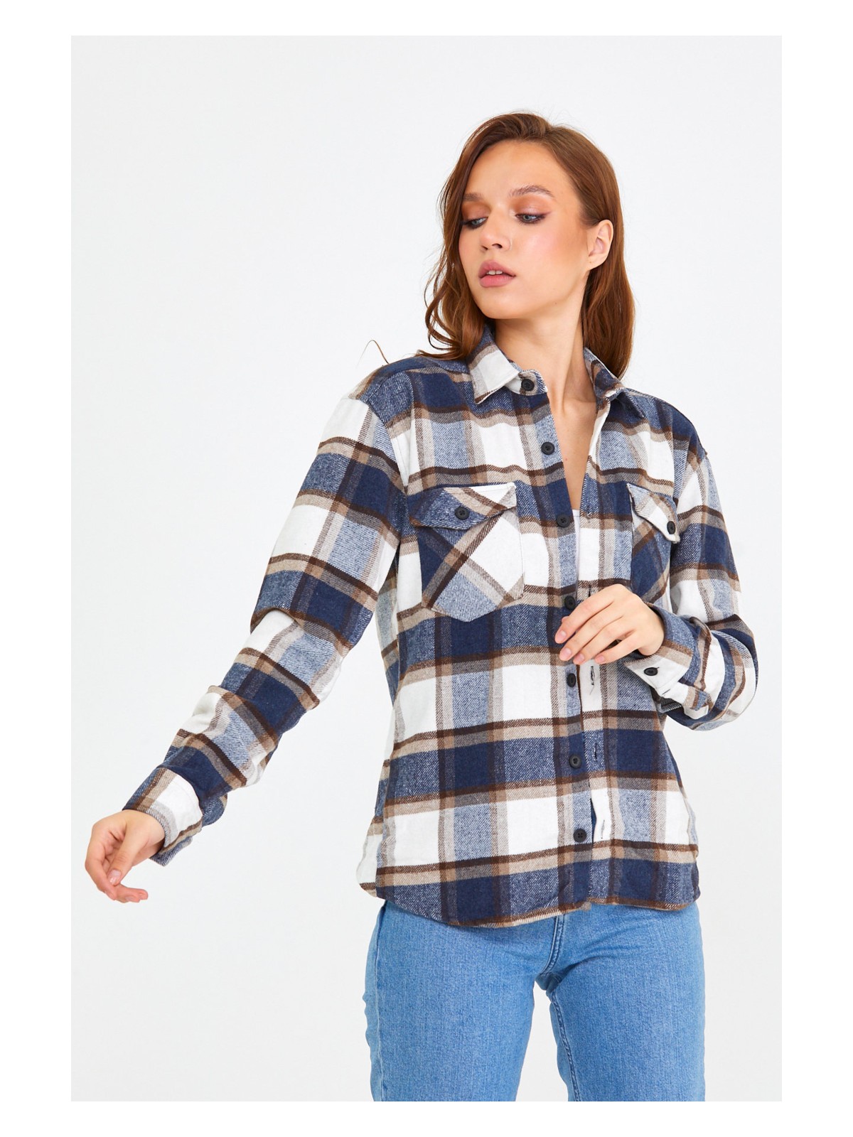 Cool Tarz Kırmızı Kadın Slim Fit Düğmeli Yaka Çift Cepli Oduncu Ekose Gömlek - Görsel 6