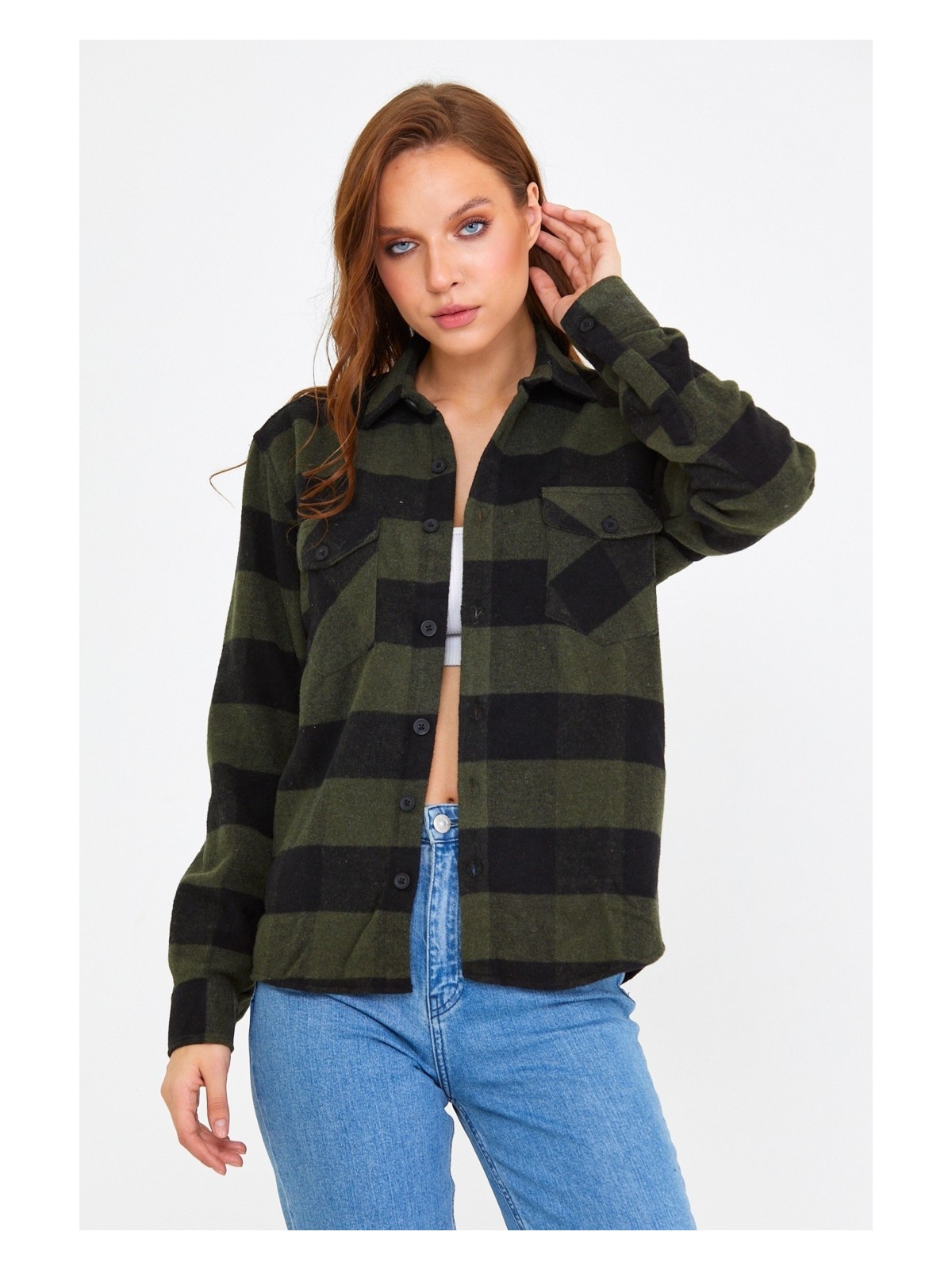 Cool Tarz Kırmızı Kadın Slim Fit Düğmeli Yaka Çift Cepli Oduncu Ekose Gömlek - Görsel 3