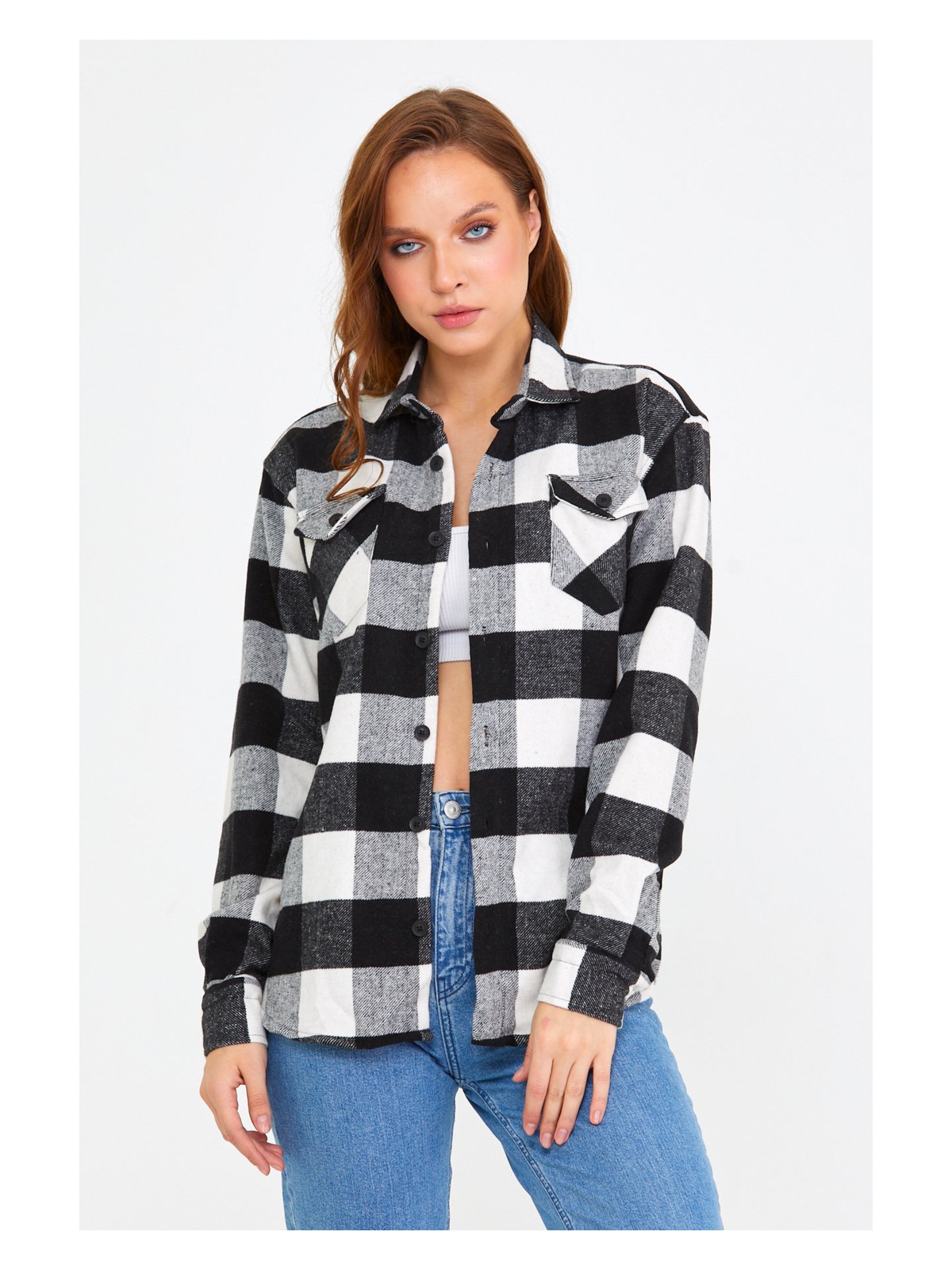 Cool Tarz Kırmızı Kadın Slim Fit Düğmeli Yaka Çift Cepli Oduncu Ekose Gömlek - Görsel 7