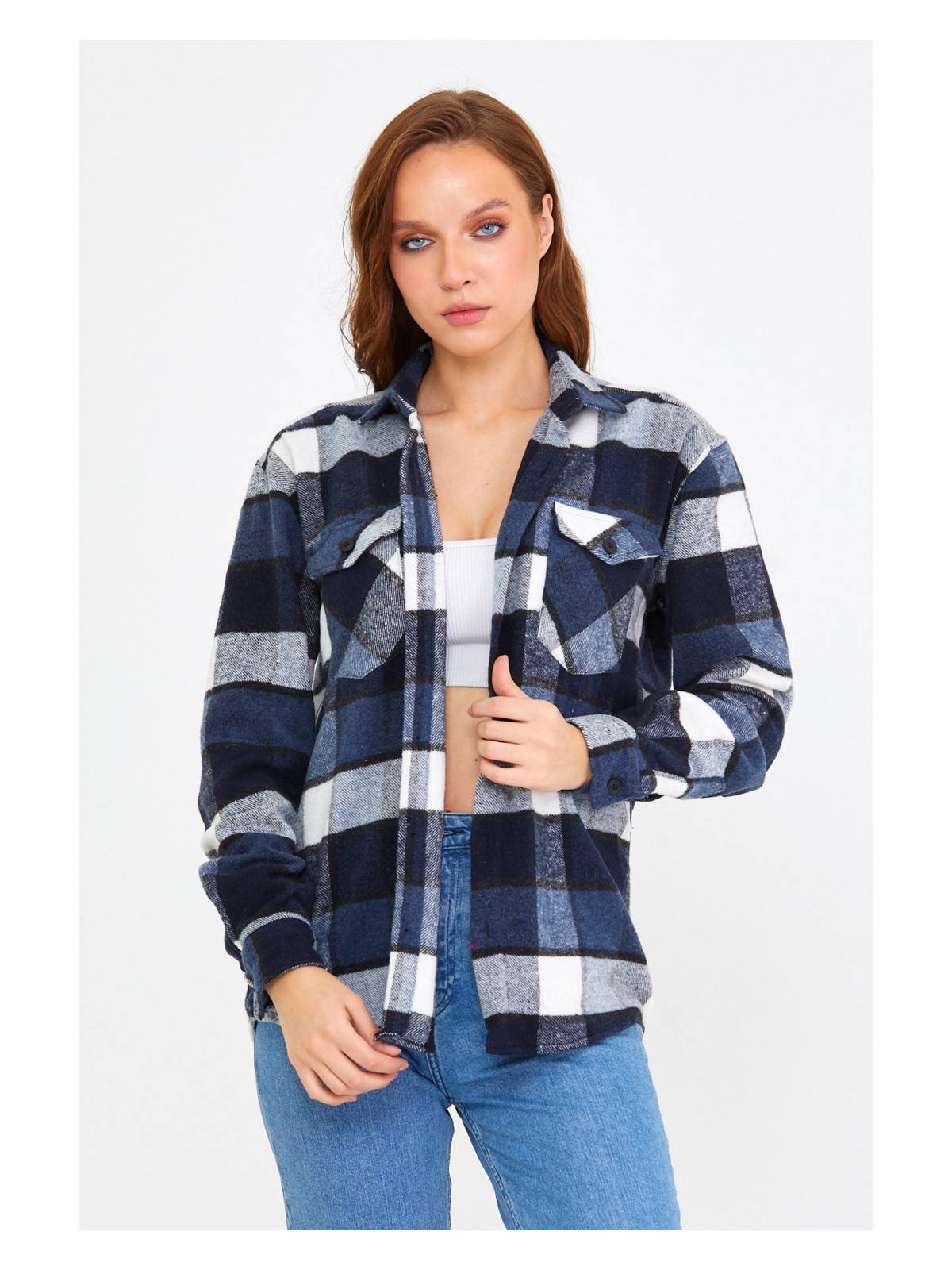 Cool Tarz Kırmızı Kadın Slim Fit Düğmeli Yaka Çift Cepli Oduncu Ekose Gömlek - Görsel 9